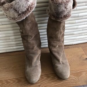 Beige Suede Fur Trim Wedge Heel Boots